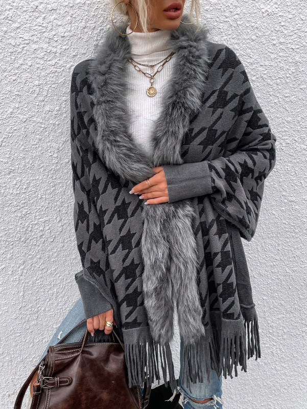 Elegant And Stylish Houndstooth Fur Collar Cardigan Capes