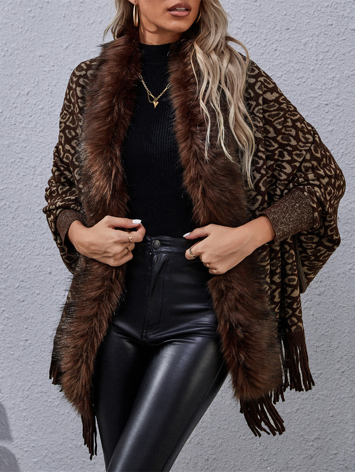 Leopard Fur Collar Knitted Elegant And Stylish Capes