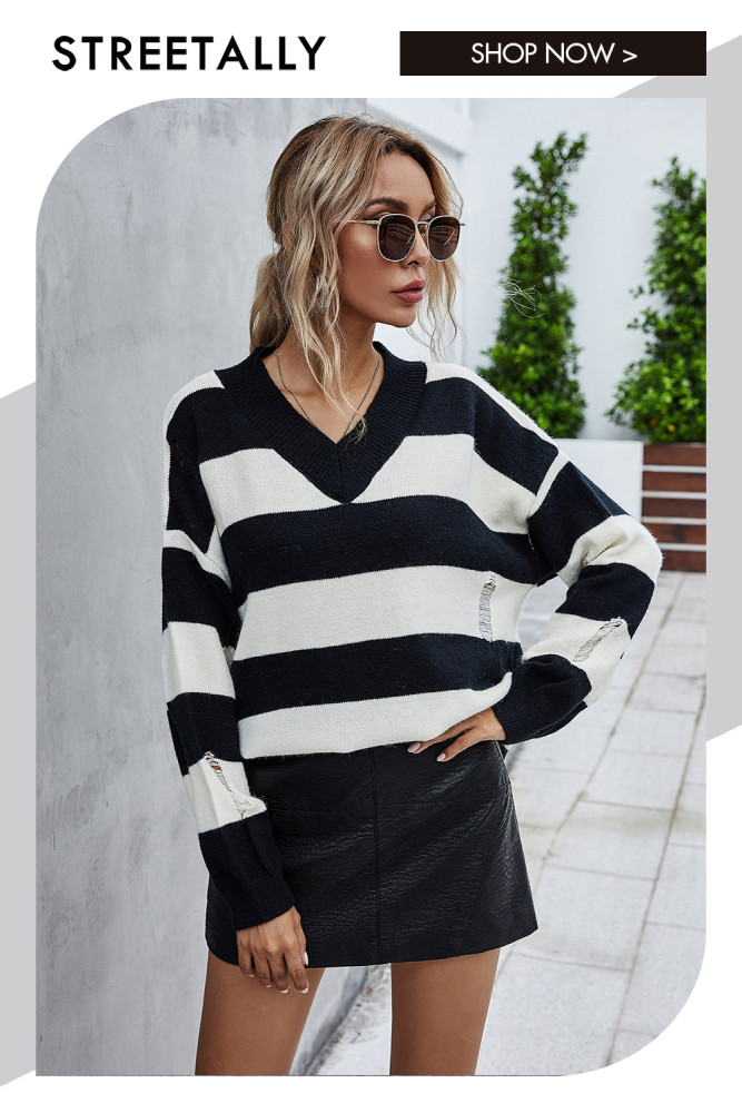 Elegant Striped V-Neck Shredded Loose Sweaters & Cardigans