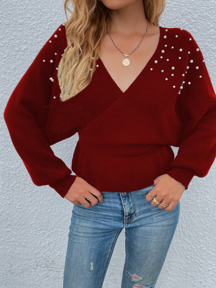 V-Neck Beaded Pullover Doll Sleeves Loose Sweaters & Cardigans