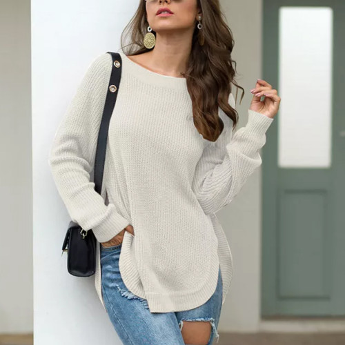 Hem Slit Crew Neck Long Sleeve Pullover Solid Sweaters & Cardigans