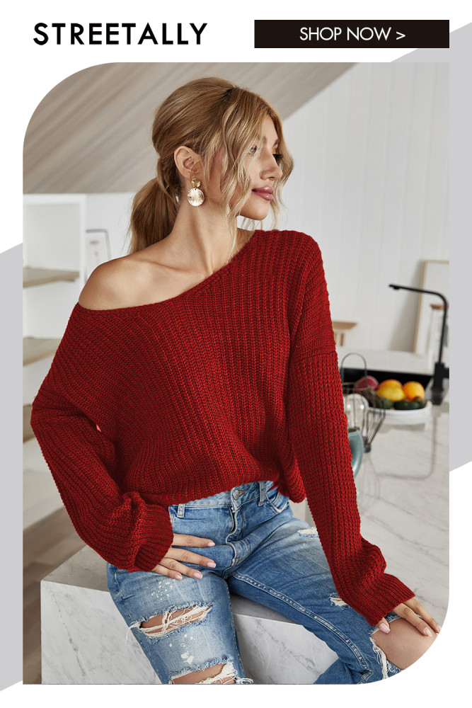 Off Shoulder Tie Pullover Solid Loose Sweaters & Cardigans
