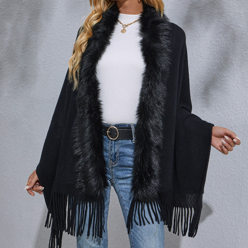 Light Luxury Fur Collar Fringed Elegant Solid Color Shawls and Wraps