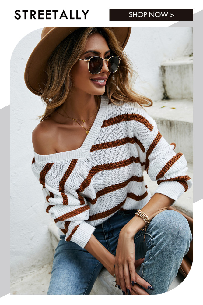 Striped Contrast V-Neck Loose Casual Sweaters & Cardigans