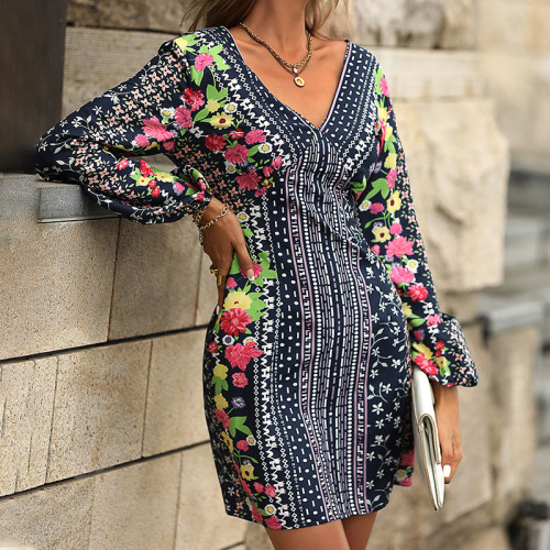 Long Sleeve V-Neck Ethnic Print Elegant Casual Dresses