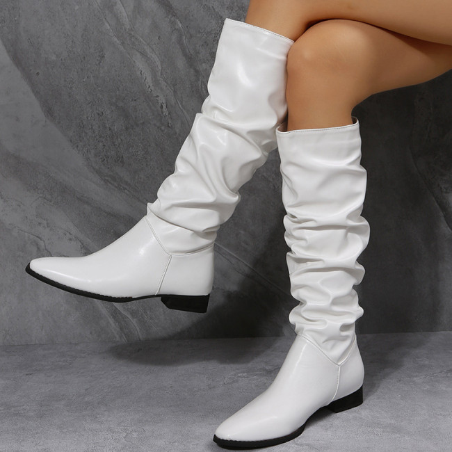 Solid Color Square Toe PU Leather Fashion Thick Heel Pleated Pile Boots