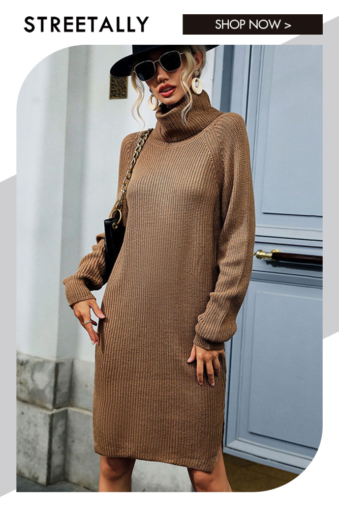 Solid Color Fashion Loose Long Sleeve Turtleneck Sweater Dresses