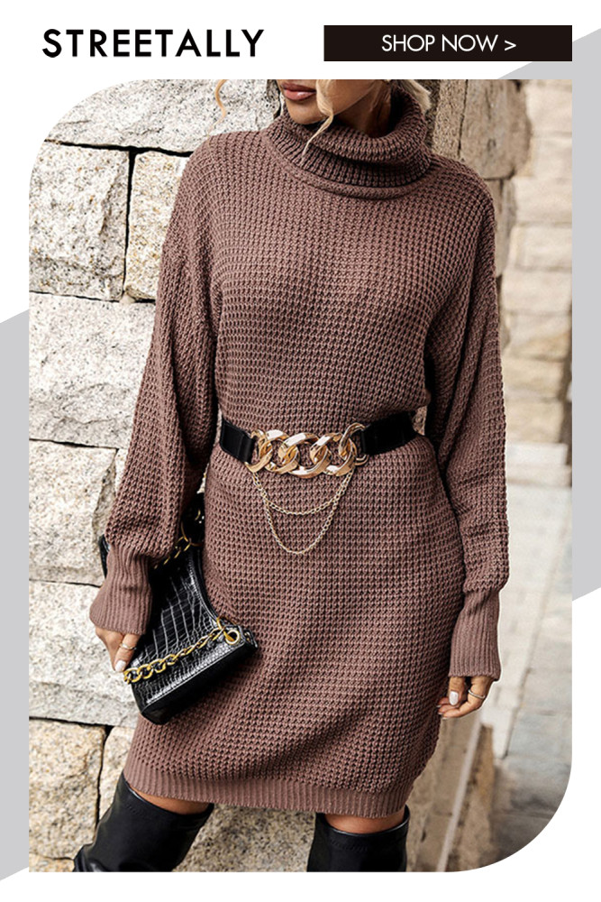 Long Sleeve Solid Fashion Loose Turtleneck Sweater Dresses