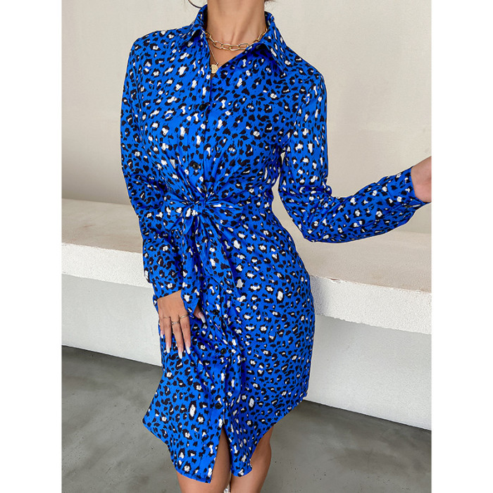 Lapel Printed Long Sleeves Tie-Up Mid-Rise Casual Dresses