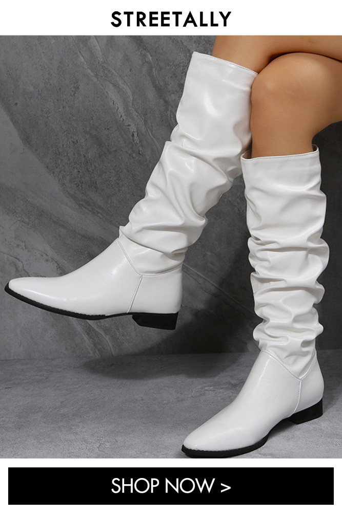 Solid Color Square Toe PU Leather Fashion Thick Heel Pleated Pile Boots