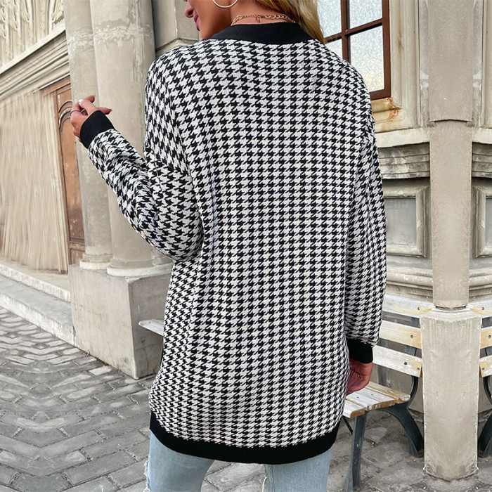 Fashion Long Sleeve Houndstooth Single Breasted Sweaters & Cardigans