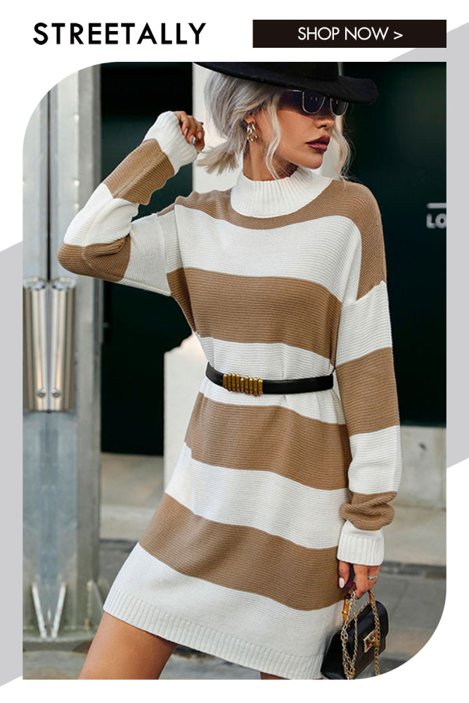 Colorblock Fashion Long Sleeve Striped Turtleneck Sweater Dresses
