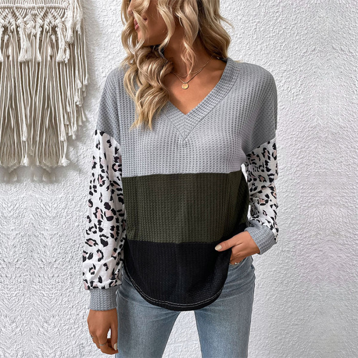 Casual Fashion Top Long Sleeve V-Neck Leopard Print Contrast Sweaters & Cardigans