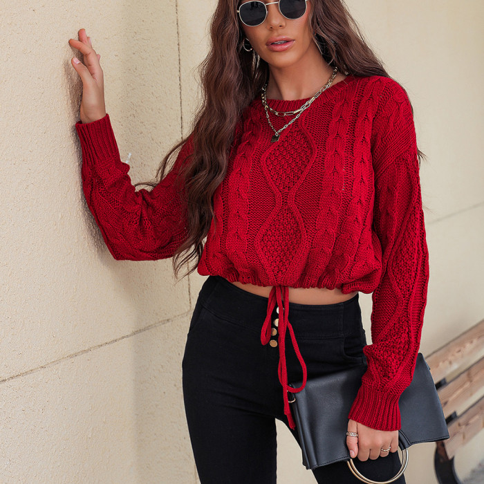 Long Sleeve Knit Crew Neck Casual Solid Sweaters & Cardigans