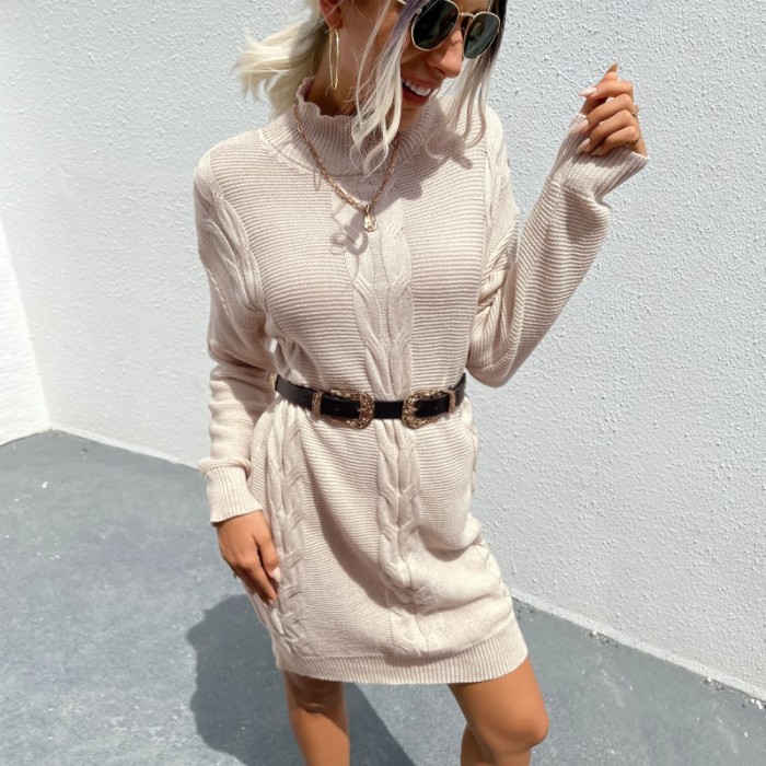 Loose Fashion Solid Color Linen Pattern Long Sleeve Half Turtleneck Sweater Dresses