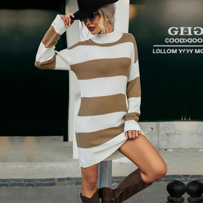 Colorblock Fashion Long Sleeve Striped Turtleneck Sweater Dresses