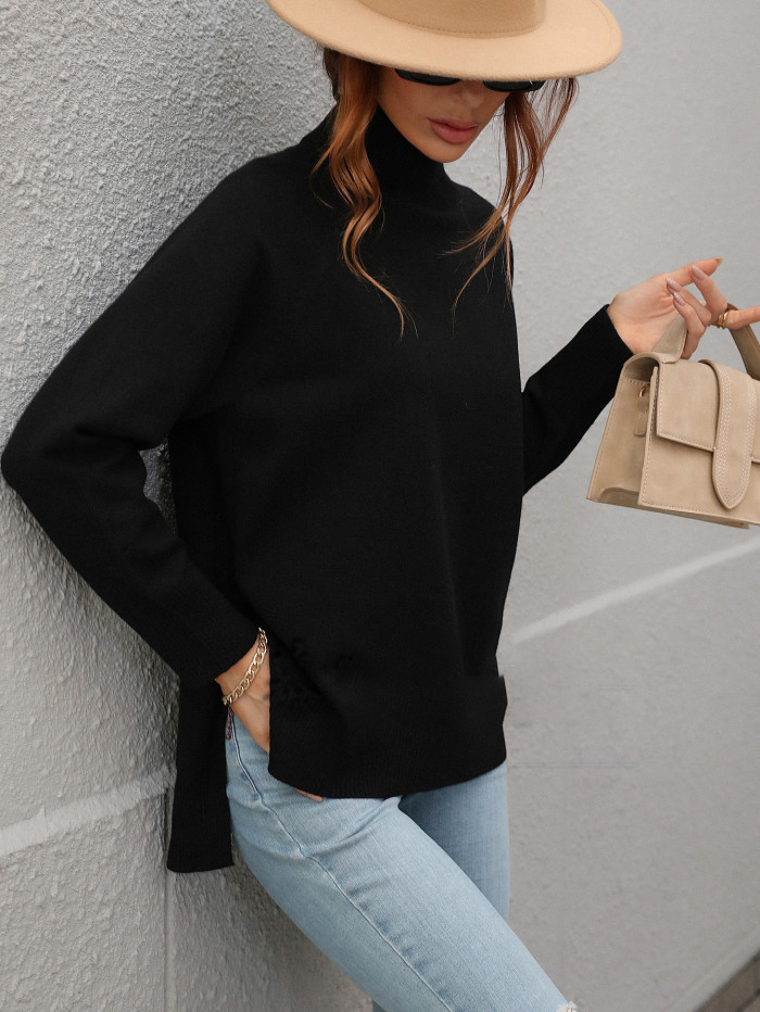 Solid Color Turtleneck Slit Elegant Bottom Sweaters & Cardigans