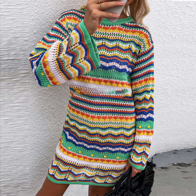 Crew Neck Rainbow Stripe Pullover Mid Sweater Dresses