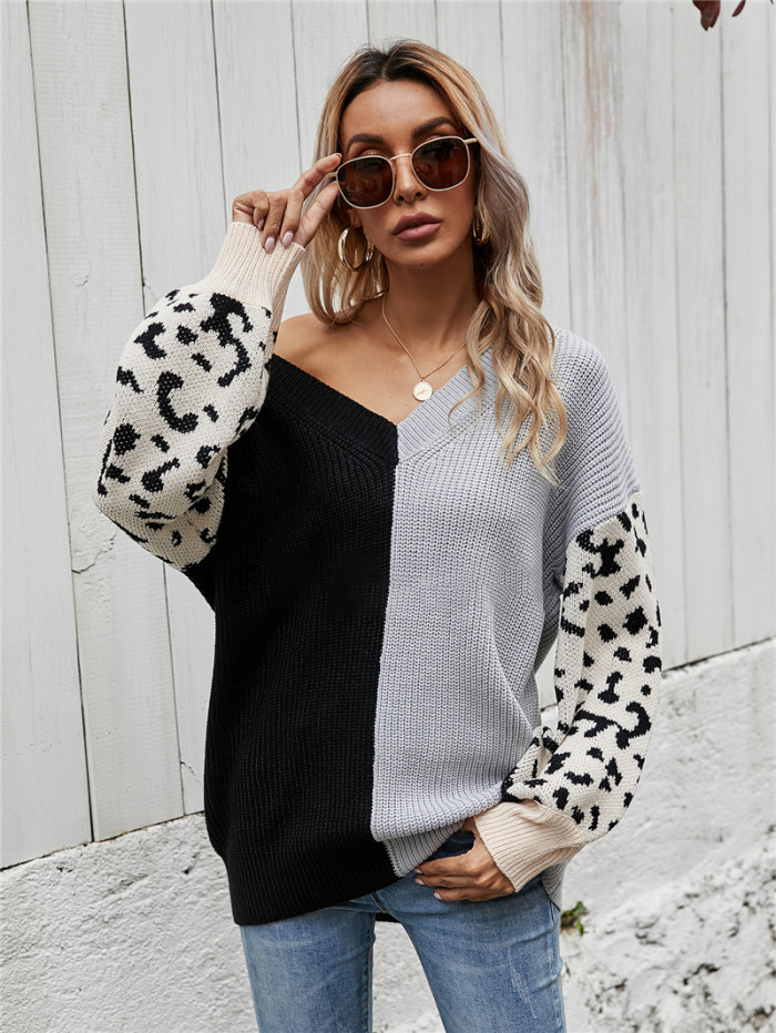 Loose V-Neck Paneled Leopard Print Pullover Sweaters & Cardigans