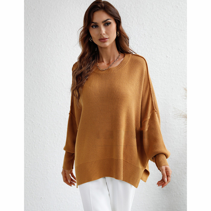 Stylish Crew Neck Loose Slit Pullover Sweaters & Cardigans