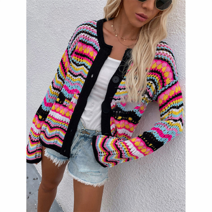 Colorful Striped Loose Rainbow Single Breasted Casual Sweaters & Cardigans