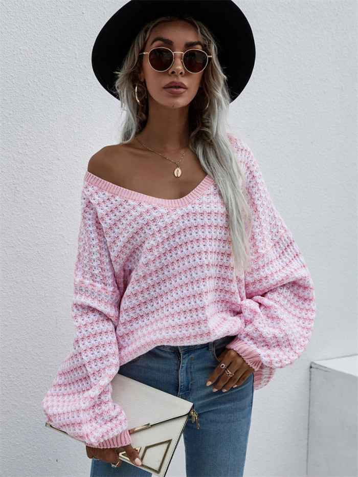 Pullover Striped V-Neck Oversized Loose Casual Sweaters & Cardigans