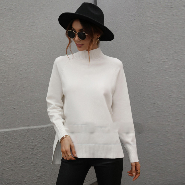 Solid Color Turtleneck Slit Elegant Bottom Sweaters & Cardigans