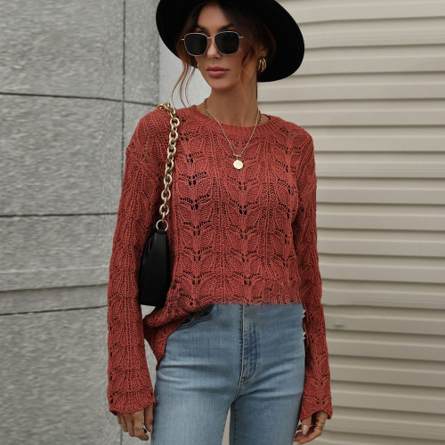 Solid Chain Link Cutout Pullover Crewneck Loose Sweaters & Cardigans