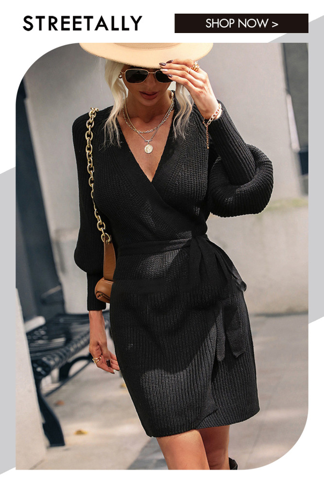 Mid Length Cardigan Solid Tie V-Neck Sweater Dresses
