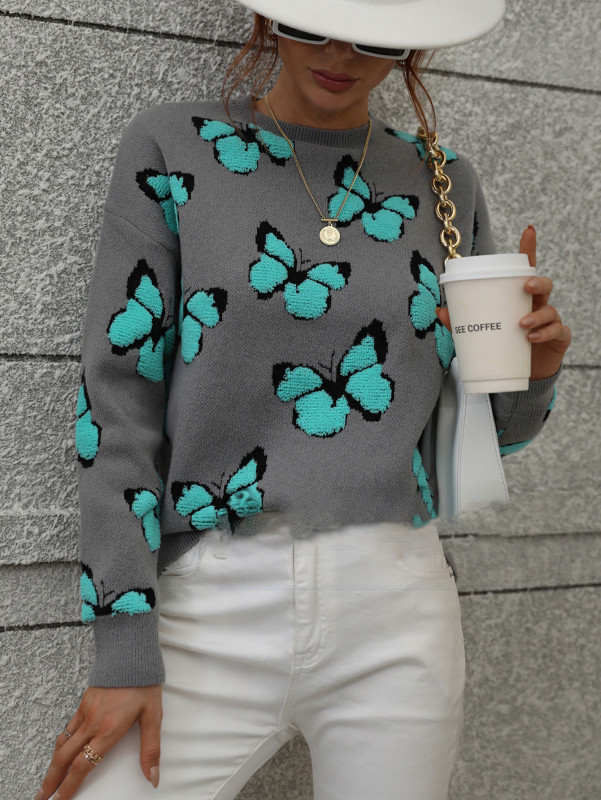 Printed Butterfly Crew Neck Loose Oversized Casual Pullover Sweaters & Cardigans