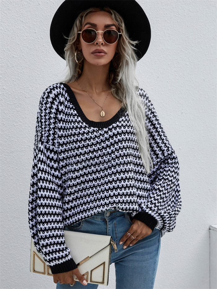 Pullover Striped V-Neck Oversized Loose Casual Sweaters & Cardigans