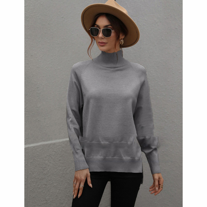Solid Color Turtleneck Slit Elegant Bottom Sweaters & Cardigans