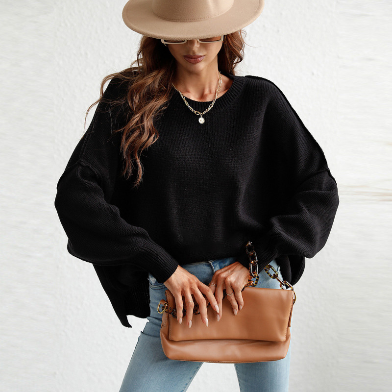 Stylish Crew Neck Loose Slit Pullover Sweaters & Cardigans