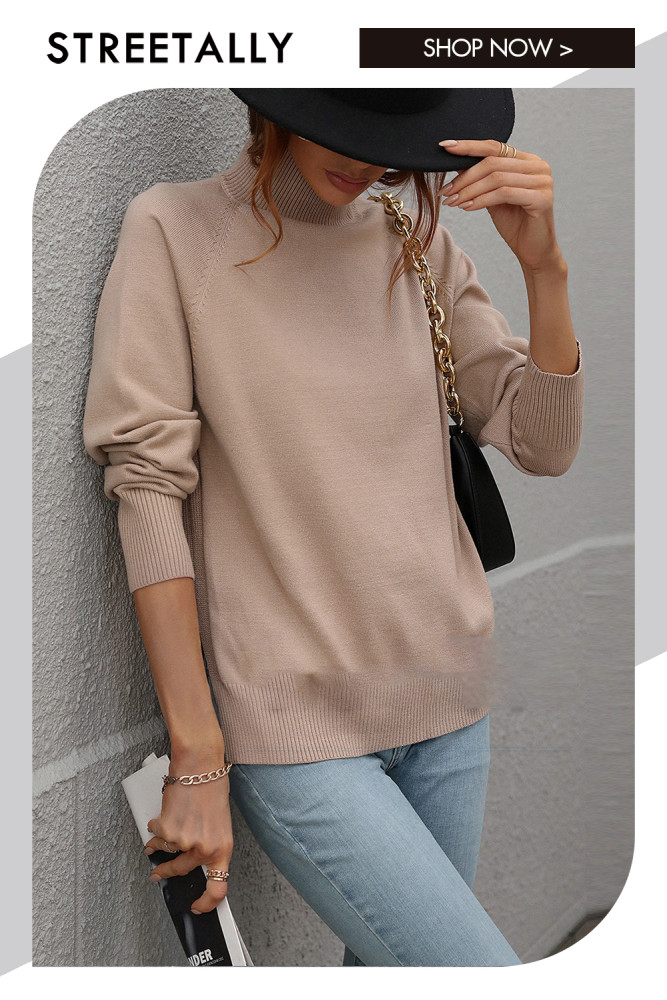 Solid Color Turtleneck Slit Elegant Bottom Sweaters & Cardigans
