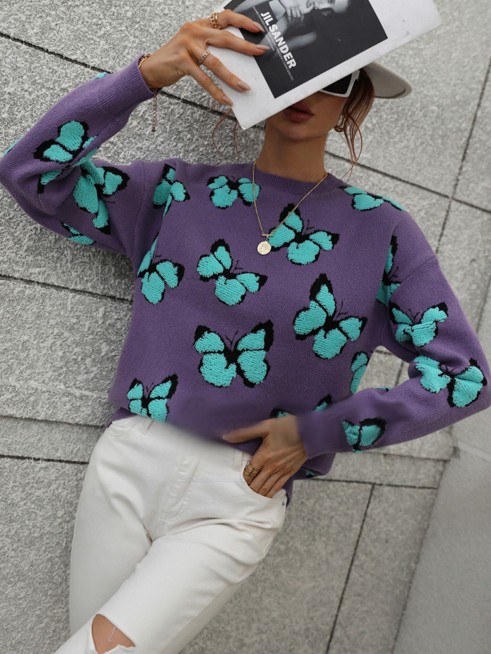 Printed Butterfly Crew Neck Loose Oversized Casual Pullover Sweaters & Cardigans