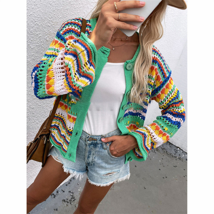 Colorful Striped Loose Rainbow Single Breasted Casual Sweaters & Cardigans