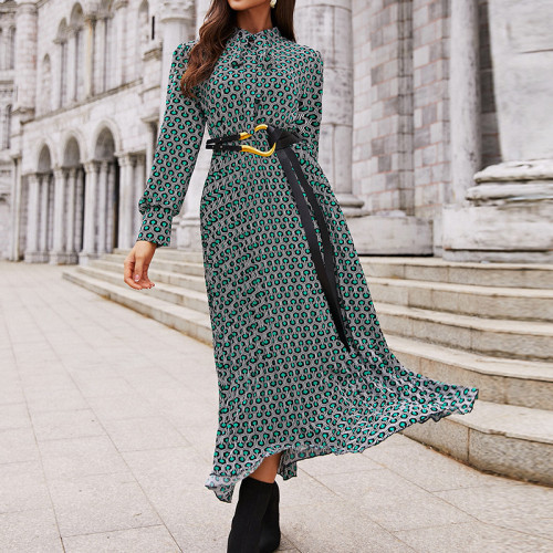 Elegant Long Sleeve Neck Chiffon Slim Print Maxi Dresses