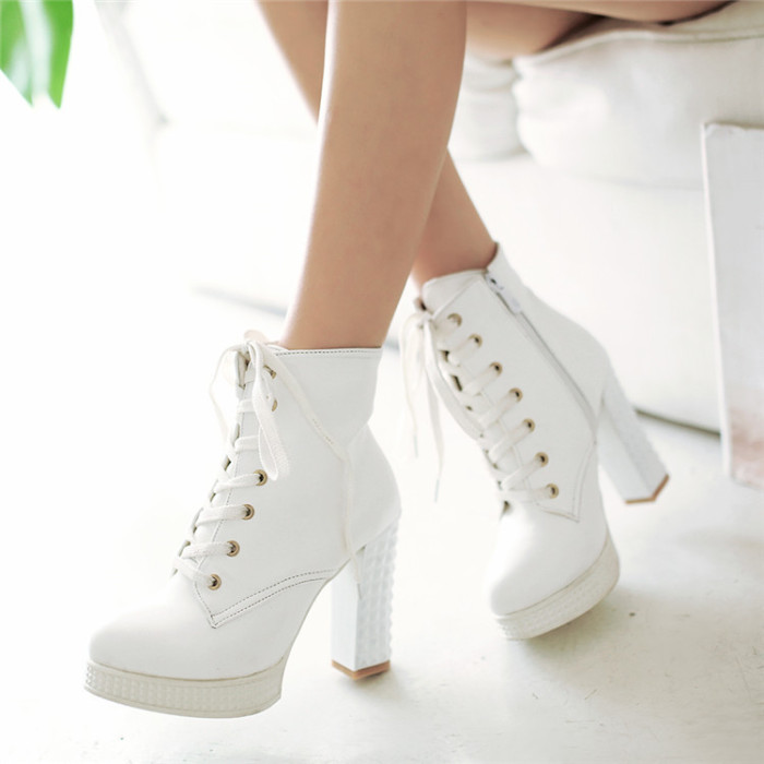 Lace Up Leather Round Toe Chunky Heel Plus Size Ankle Boots