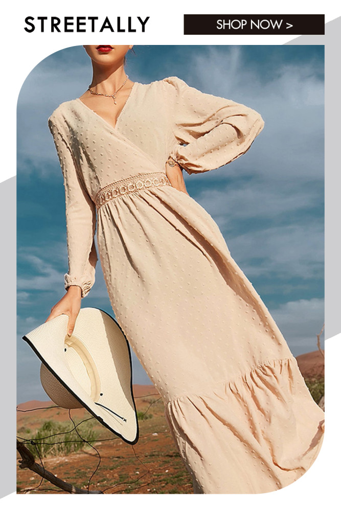V-neck Solid Color Long-sleeved Swing Resort Style Maxi Dresses