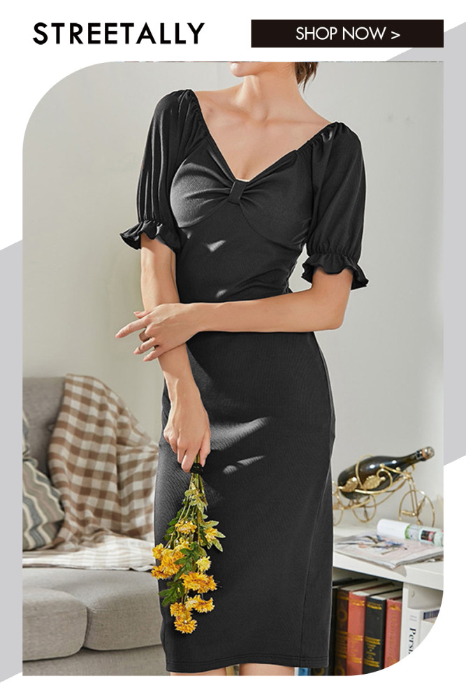 A-line Bag Buttocks Are Thin And Solid Color V-neck Is Elegant Midi Dresses