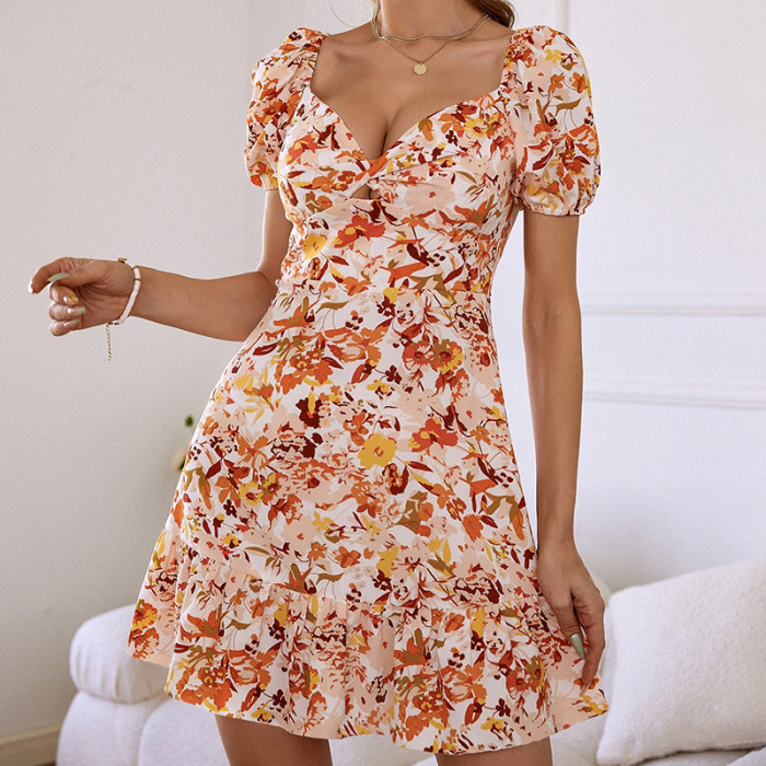 Chiffon V-Neck Ruffle Floral Short Sleeve Mini Dresses