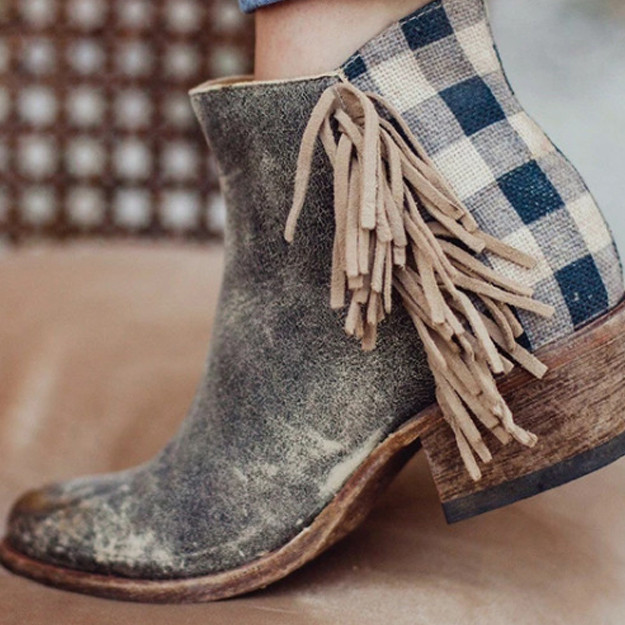 Leather Checked Tassel Plus Size Side Zip Mid Heel Ankle Boots