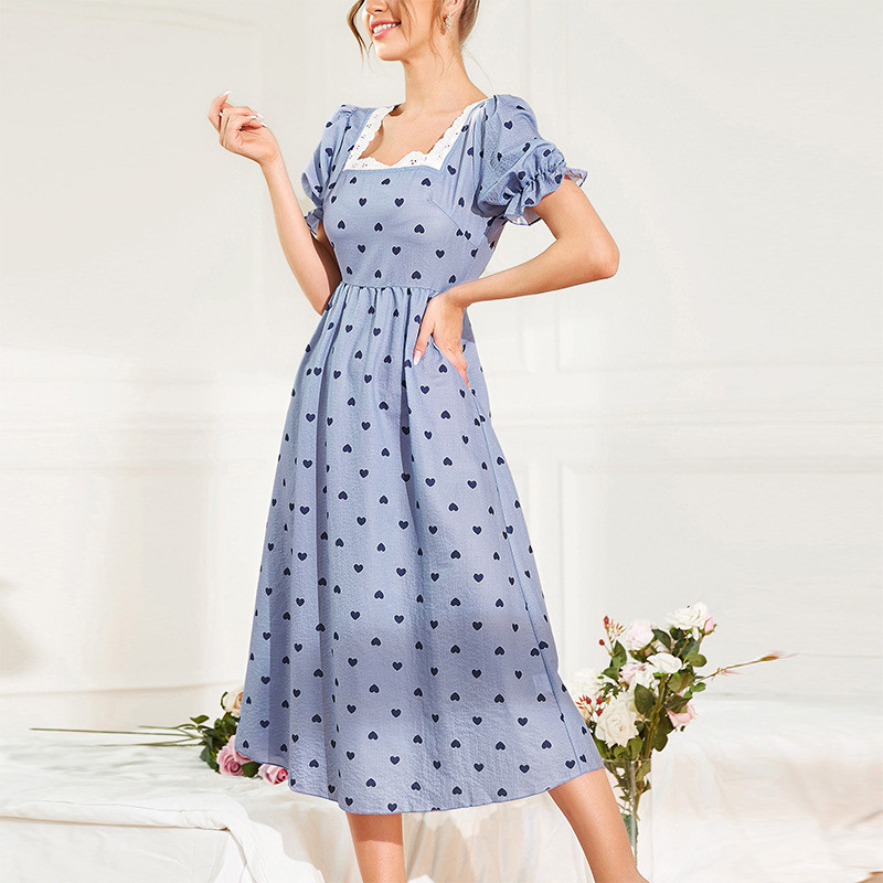 Lace Puff Sleeves Square Neck Heart Print Midi Dresses