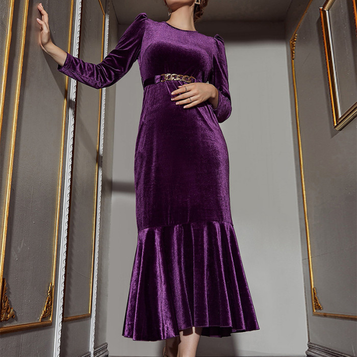 Velvet Long Sleeve Luxurious Ruffle Tie Crew Neck Maxi Dresses