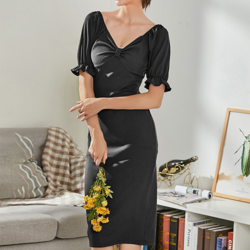 A-line Bag Buttocks Are Thin And Solid Color V-neck Is Elegant Midi Dresses