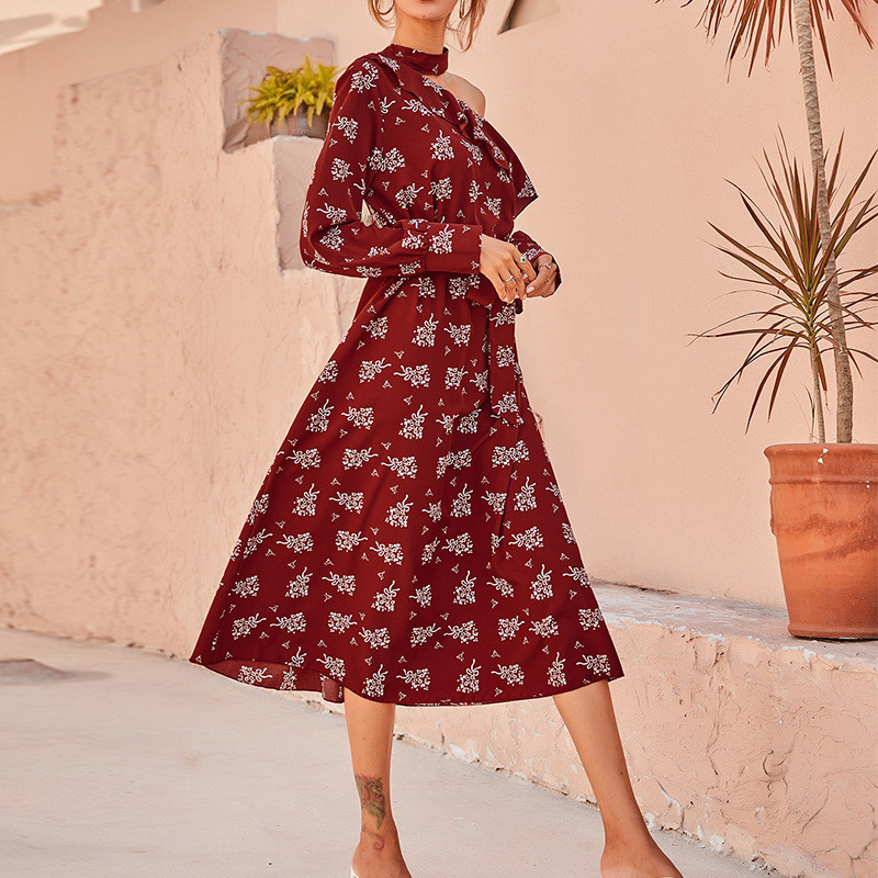 Long Sleeve Floral Ruffle Neck Belt Off Shoulder Midi Dresses