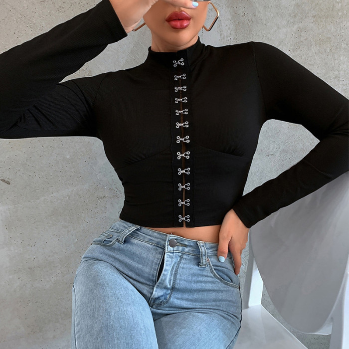 Solid Color Tight Sexy Pure Lust Long Sleeve Blouses & Shirts