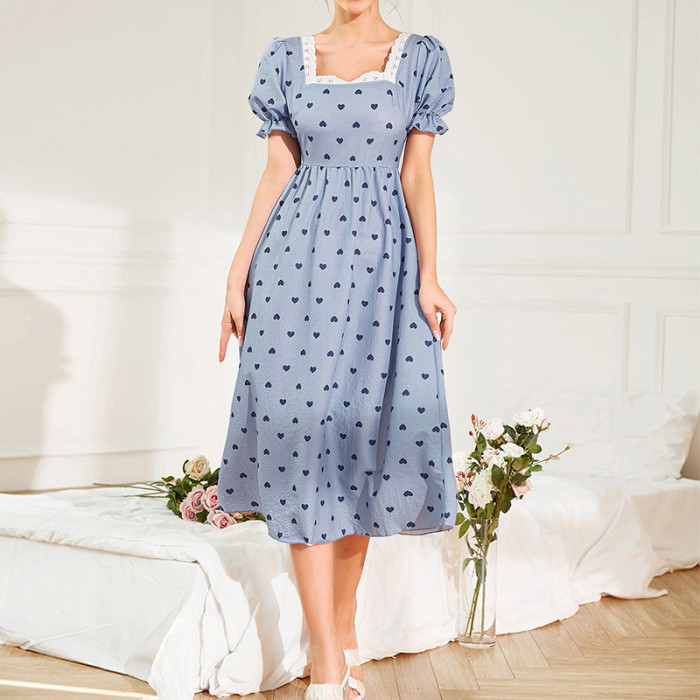 Lace Puff Sleeves Square Neck Heart Print Midi Dresses
