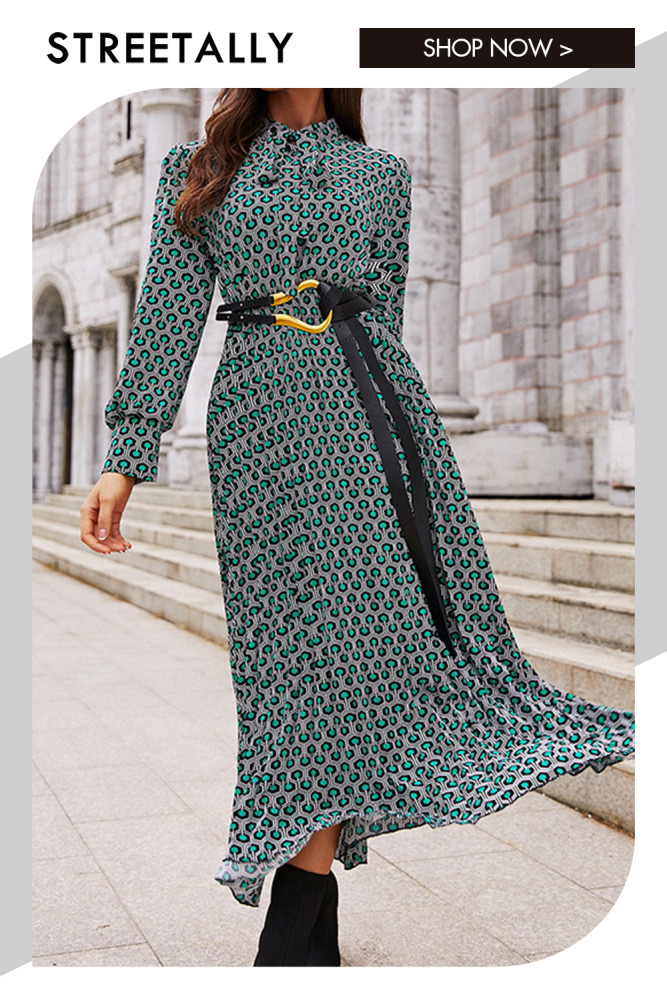 Elegant Long Sleeve Neck Chiffon Slim Print Maxi Dresses