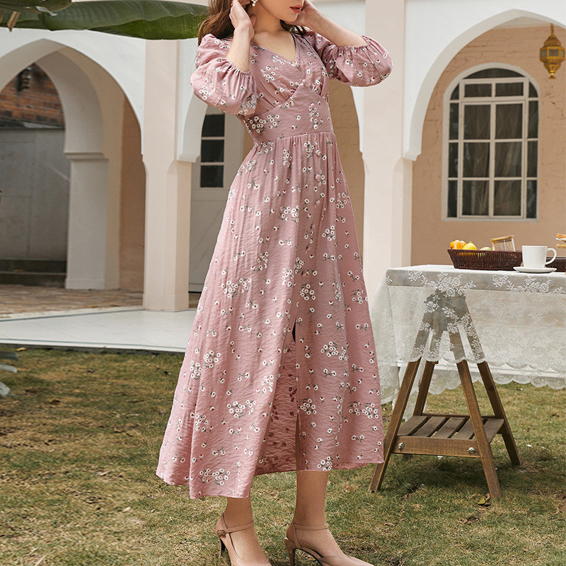 Elegant Floral High Waist V Neck 3/4 Sleeves Maxi Dresses